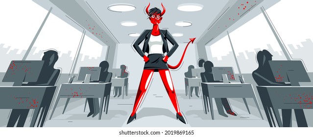 Big boss director woman with horns like demon or devil stands in center of office with employees confident serious and angry vector illustration, bad boss female despot and tyrant concept.