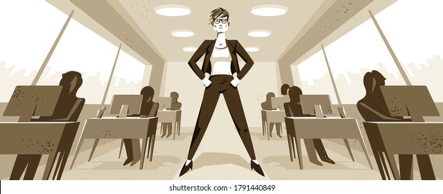 Big boss director woman stands in center of office with employees confident serious and angry vector illustration, bad boss female despot and tyrant concept, manager in control of work process.