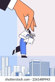 big boss hand holding fired dismissed business woman with things unemployment crisis jobless employee job reduction layoff