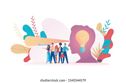 Big boss head light bulb. Light from eyes indicates path of development and new ideas. Metaphor of search for ideas. Concept leader CEO makes the right decision finds an idea. Vector flat illustration