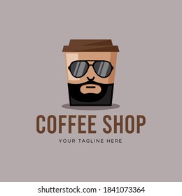 Big Boss Mafia Coffee Cup Shop Logo Template Brown Black Gold Beard Moustache Sunglasses