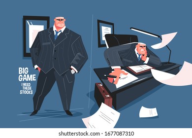 Big boss on workplace vector illustration. Evil screaming man sits at table and gives directions flat style design. Scattered paper flying in office. Big game i need this stocks inscription