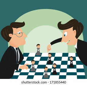 Big boss playing chess using businessman 