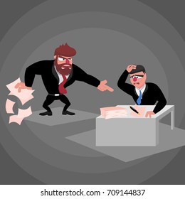 Big boss screams at the subordinate that sits at the table with piles of papers