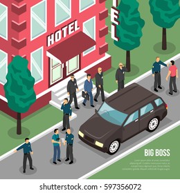 Big boss with security service going from hotel to black car in summertime isometric vector illustration