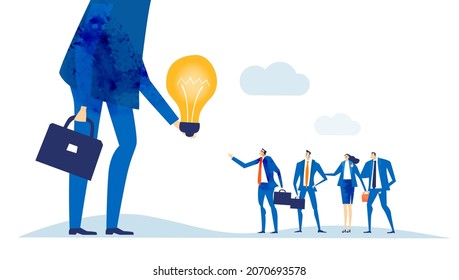 Big boss shakes hand with the member of his team and give them light bulb as symbol of great idea. Working together, control, support and advisory concept business illustration 