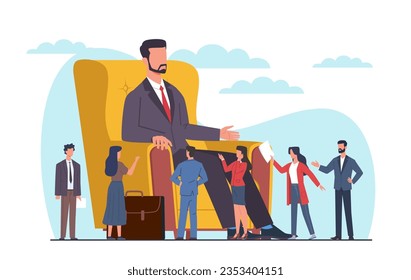 Big boss is sitting in chair with little people walking around downstairs. Subordinate and manager. Selfish man. Tiny employees. Cartoon flat isolated illustration. Vector arrogance concept