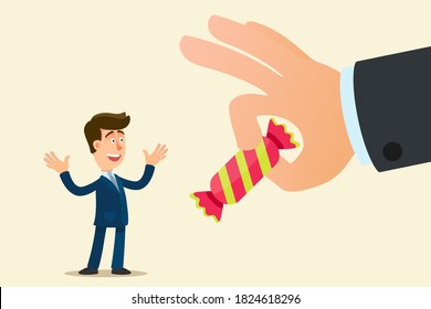 The big boss's hand gives a sweet candy to the worker. Encouraging workers. Vector illustration, flat design, cartoon style, isolated background.