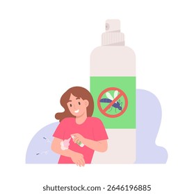 Grande garrafa de spray anti mosquito com mulher jovem está usando spray repelente de mosquito para evitar picadas de mosquito. Prevenção da dengue ou da febre da malária. Ilustração de vetor plano.