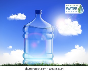 Big bottle with clean, fresh water. Plastic container for the cooler and dispenser. Natural background with clouds and grass. Stock vector illustration.