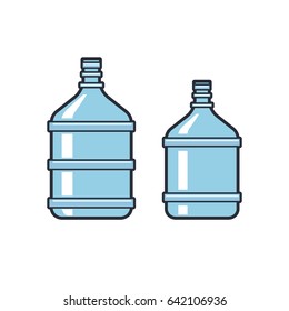 Big bottles with clean water. Flat icons. Plastic container for the cooler. Isolated on white background. Vector illustration.