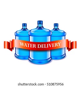 Big bottles and red ribbon, water delivery concept vector background