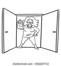 Big bouncer woman standing in front of an open door and holding up her hand. stop, distance, no entry, vip, comic illustration, vector.