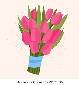 Big bouquet of pink tulips vector illustration. 