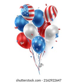 Gran ramo de globos realistas en americano, USA color y cintas, serpentina, confetti, estrellas azules, rayas. Ilustración vectorial para tarjeta, fiesta, diseño, volante, afiche, banner, web, publicidad. 