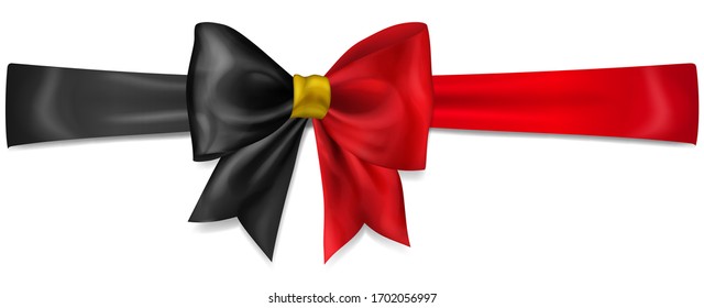 Big bow made of ribbon in Belgium flag colors with shadow on white background