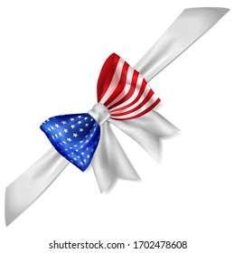 Big bow made of ribbon in France flag colors with shadow on white background