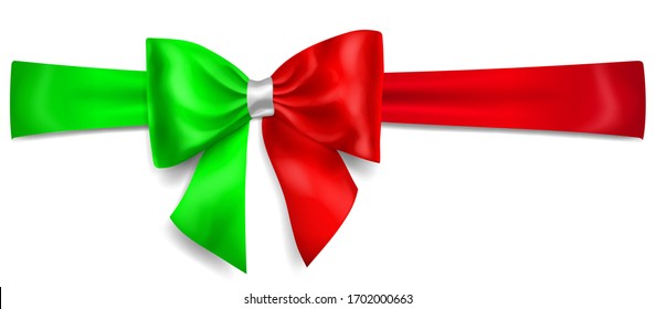 Big bow made of ribbon in Italy flag colors with shadow on white background