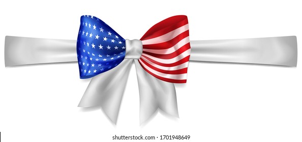 Big bow made of ribbon in USA flag colors with shadow on white background