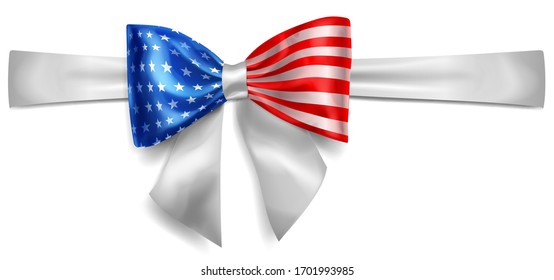 Big bow made of ribbon in USA flag colors with shadow on white background