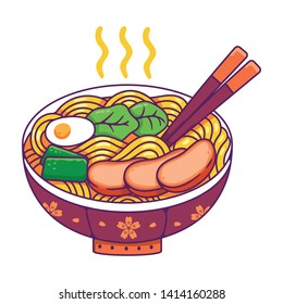 big bowl of hot ramen full with toping, Japanese food of ramen, character food vector illustration