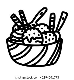 A Big Bowl Of Ice Cream Sundae With Topping And Chocolate Stick Lineart Vector Illustration Icon Design Template With Doodle Hand Drawn Style