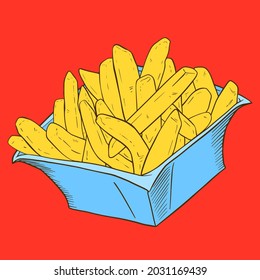 Big box of french fries vector flat color icon. Fried potatoes.  Take out, menu design. Fast food delivery. Cartoon style clip art for web, mobile app, textile.