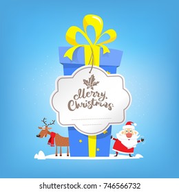 Big box of New year gift. Merry Christmas text. Santa Claus and reindeer. Vector, illustration, flat