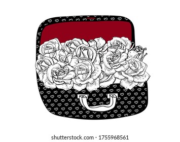 Big box of  roses wedding bouquet.  Birthday, anniversary gift vector illustration