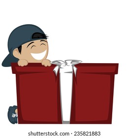 Big box surprise - A black haired boy with a baseball hat smiling with a big gift box.