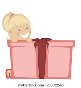 Big box surprise - A pretty blonde girl smiling with a big gift box.