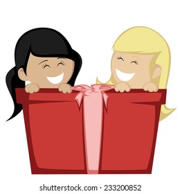 Big box surprise - Two little girl (blonde and black haired) smiling with a big gift box.