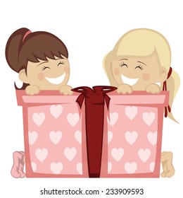 Big box surprise - Two little girl (blonde and brunette haired) smiling with a big gift box.