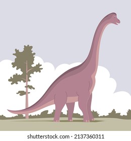 Big brachiosaurus with a long neck. Herbivorous dinosaur of the Jurassic period. Vector cartoon illustration. Prehistoric nature background