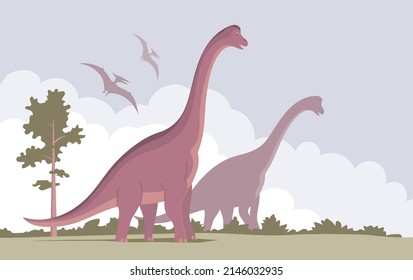 Big brachiosaurus with a long neck. Herbivorous dinosaur of the Jurassic period. Vector cartoon illustration. Prehistoric nature background. Wild landscape