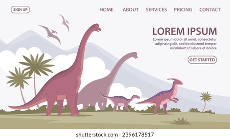 Big brachiosaurus with a long neck. Herbivorous dinosaur Jurassic period. Vector cartoon illustration. Prehistoric pangolin on a nature background. Design for website, banner