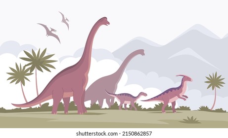 Big brachiosaurus with a long neck and parasaurolophus. Herbivorous dinosaur of the Jurassic period. Vector cartoon illustration. Prehistoric pangolin on a nature background. Wild landscape