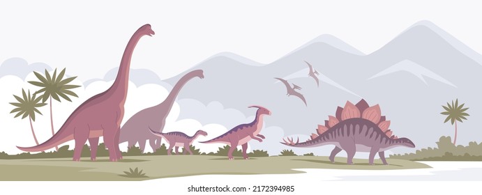 Brachiosaurio grande con cuello largo, parasaurolophus, estegosaurio. Dinosaurio herbívoro del periodo Jurásico. Ilustración de dibujos animados. Pangolin prehistórico. Paleontología científica. Paisaje salvaje