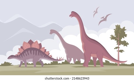 Big brachiosaurus with a long neck and stegosaurus. Herbivorous dinosaur of the Jurassic period. Vector cartoon illustration. Prehistoric pangolin on a nature background. Wild landscape