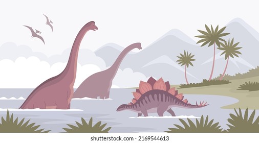 Big brachiosaurus and stegosaurus. Lizards bathe in water. Herbivorous dinosaur of the Jurassic period. Vector cartoon illustration. Prehistoric pangolin. Science paleontology. Wild landscape