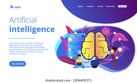 Big brain with circuit and programmers. Artificial intelligence, machine learning and data science, cognitive computing concept on white background. Website vibrant violet landing web page template.