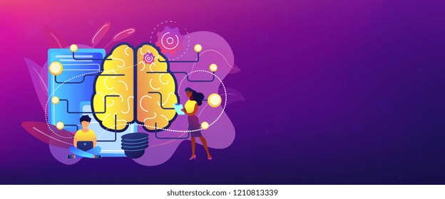 Big Brain With Circuit And Programmers. Artificial Intelligence, Machine Learning And Data Science, Cognitive Computing Concept On White Background. Header Or Footer Banner Template With Copy Space.