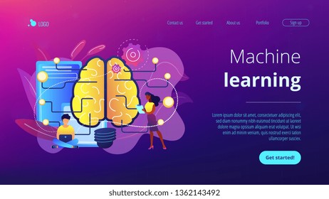 Big brain with circuit and programmers. Artificial intelligence, machine learning and data science, cognitive computing concept on white background. Website vibrant violet landing web page template.