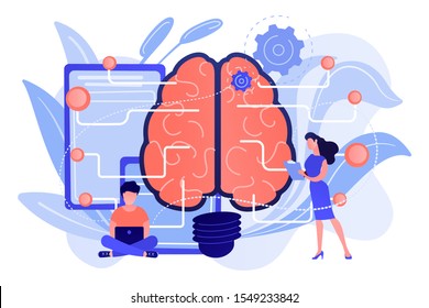 Big brain with circuit and programmers. Artificial intelligence, machine learning and data science, cognitive computing concept on white background. Pink coral blue vector isolated illustration