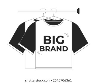 Big brand tshirts hanging on rack black and white 2D line object. T-shirts hangers. Mass market fashion clothing. Retail isolated clip art vector outline item. Monochromatic spot illustration