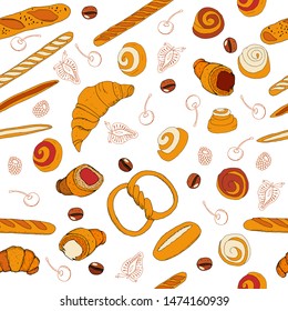 Big bread icons set seamless pattern. Whole grain, wheat and rye bread, toast, pretzel, ciabatta, croissant, bagel, french baguette, cinnamon bun. Vector illustration in flat style