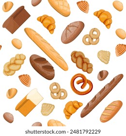 Los iconos de pan grande establecen un patrón sin fisuras. Pan integral, pan de trigo y centeno, tostadas, pretzel, ciabatta, croissant, bagel, baguette francés, pan de canela. Ilustración vectorial en estilo plano