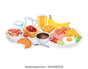 Gran desayuno con muchas comidas y bebidas ilustración vectorial. Icono de desayuno completo saludable sobre un fondo blanco. Desayuno con café, zumo de naranja, croissant, huevo, fruta, cereales y más