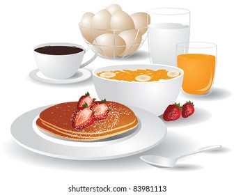 Big Breakfast Pancakes, cereal, orange juice, coffee, milk, eggs and strawberries.