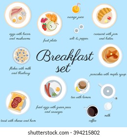 Big breakfast set isolated on blue top view. Minimal flat vector illustration for print or web